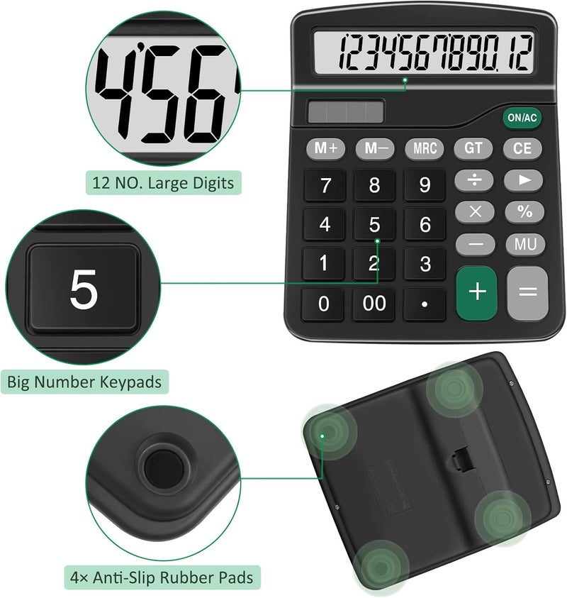 Splaks Calculators, 2 Pack Standard Functional Desktop Calculators Sola and AA Battery Dual Power Electronic Basic Calculator with 12-Digit Large Display for Office, Home, School (2 Black) - Image 3